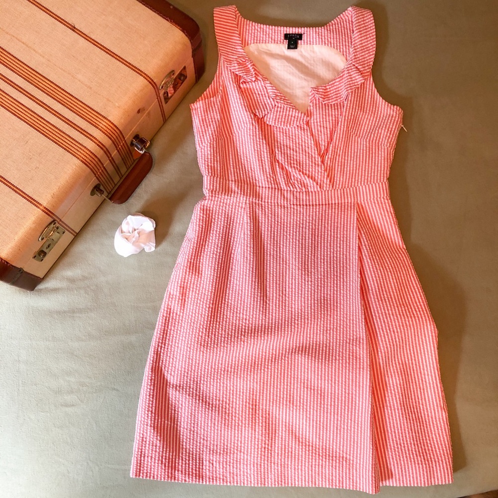 JCrew Coral & White Seersucker Dress